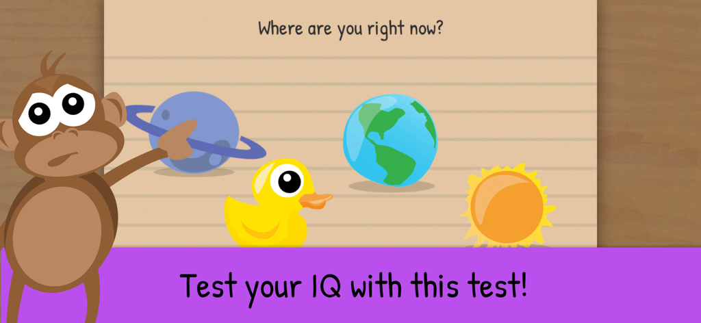 Un acertijo de The Moron Test de la app preguntando ¿Dónde estás ahora? con iconos de planetas y animales