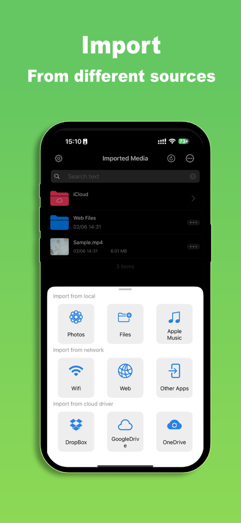 Pantalla de la aplicación Any MP3 Converter Pro que muestra opciones de importación desde archivos locales, red y servicios en la nube