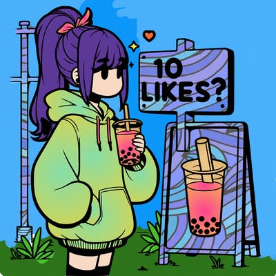 girl with oversized hoodie drinking boba and she has a high ponytail with a sign that says 10likes?