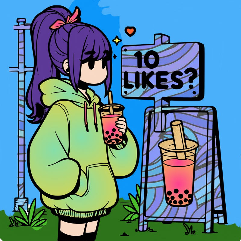 girl with oversized hoodie drinking boba and she has a high ponytail with a sign that says 10likes?