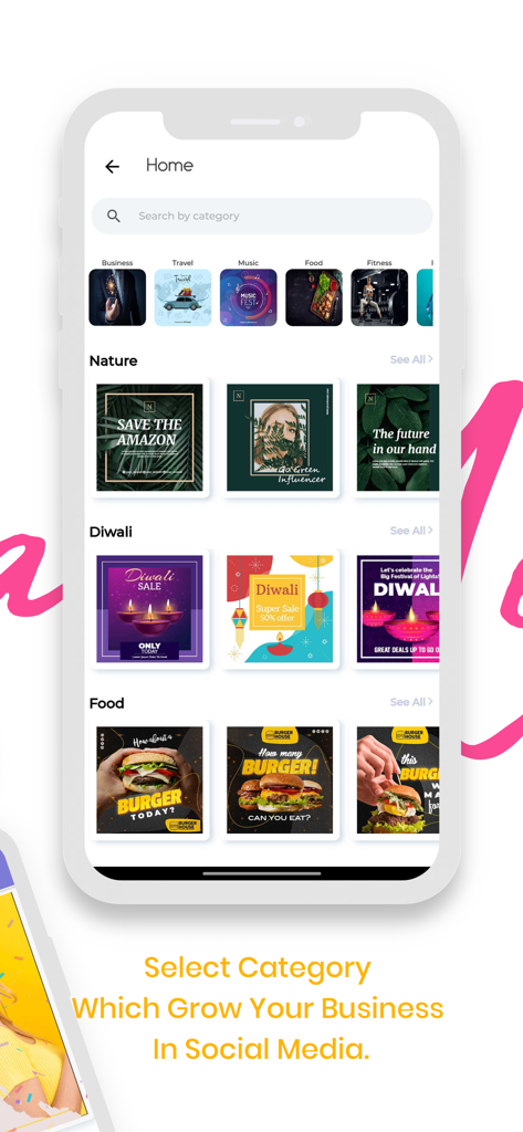 Social Media Post Maker 2025 - Pantalla de inicio de la aplicación Creador de Publicaciones para Redes Sociales que muestra varias categorías y plantillas de diseño para negocios y festivales