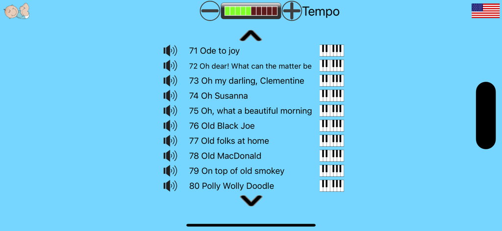 Song selection menu in the Kids playing piano app showing a list of educational melodies and tempo controls