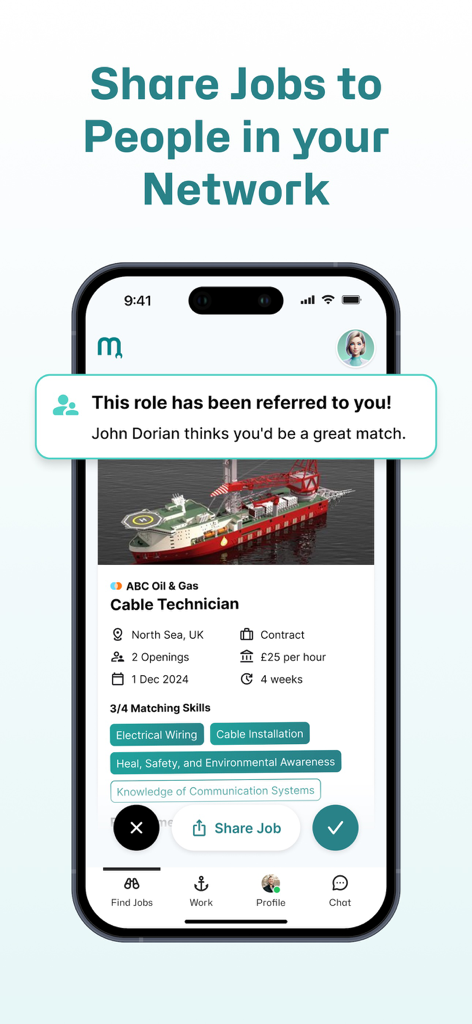 Mobile app screen showing a job referral for a Cable Technician in the energy industry with a button to share the job.