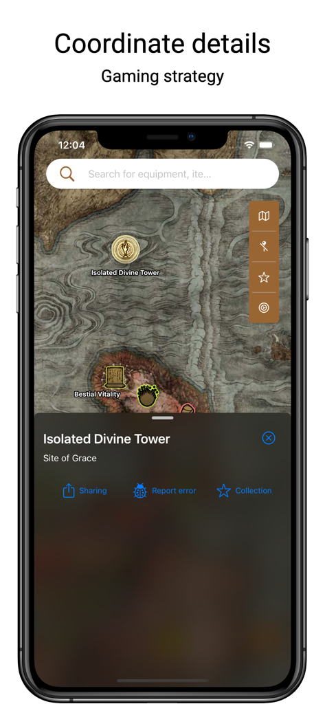 Elden Map - Interactive Map - Interfaz de la aplicación Elden Map que muestra detalles de coordenadas para la ubicación de la Torre Divina Aislada en Elden Ring.