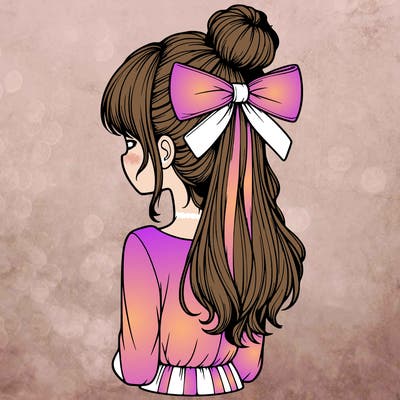 realistic girl  with hip length hair a bun and a big bow on the back of head