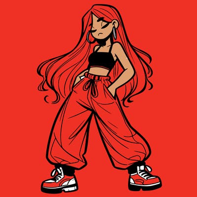 girl in baggy pants crop top and long hair