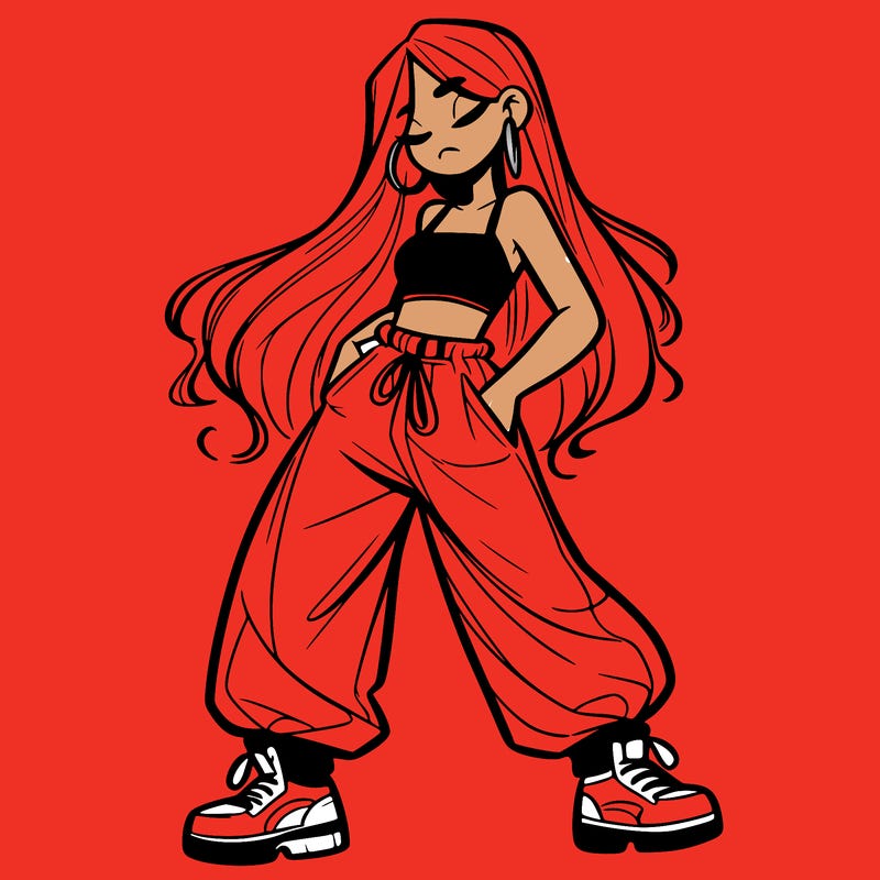 girl in baggy pants crop top and long hair