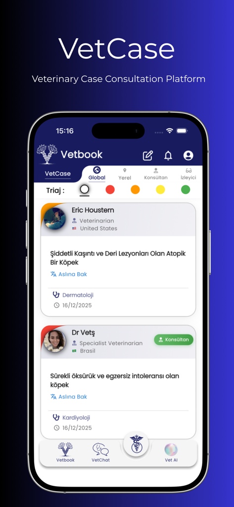 Vetbook app interface displaying the VetCase veterinary consultation platform for sharing medical cases.