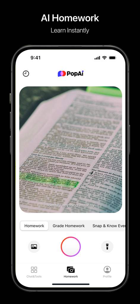 PopAi mobile app interface showing the AI homework scanner feature identifying text from a book.