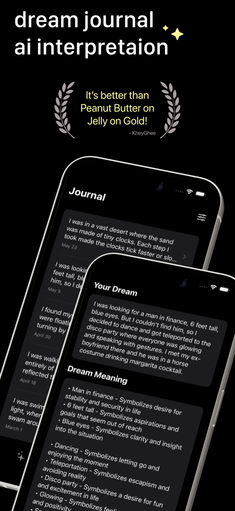 디지털 꿈 일기 및 상세한 상징 분석 기능을 보여주는 꿈 해석 AI 앱 스크린샷.