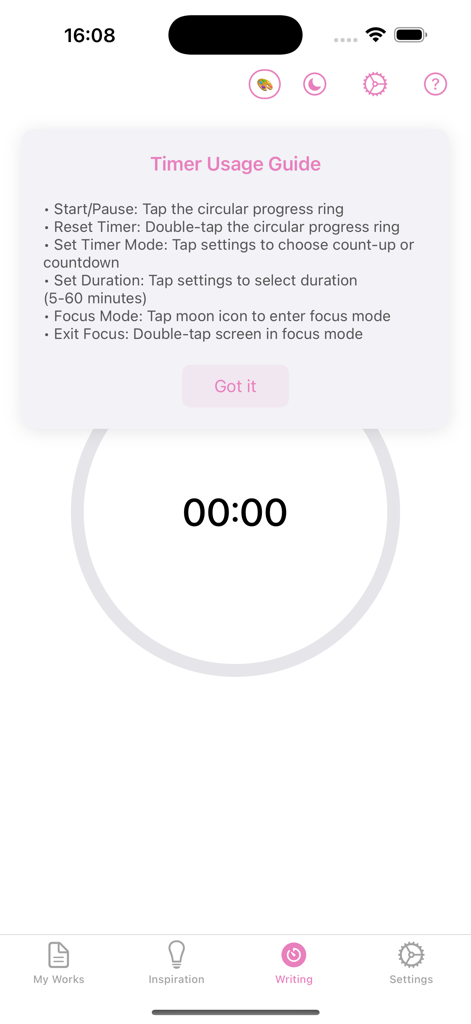 Interface of the TexSmith writing app showing a timer usage guide for focus mode sessions.