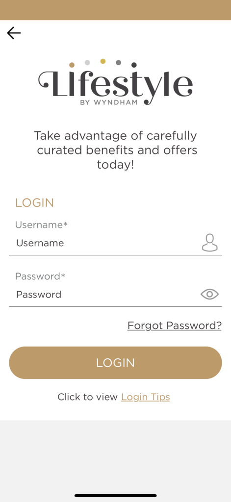 Lifestyle by Wyndham - Lifestyle by Wyndham app login screen
