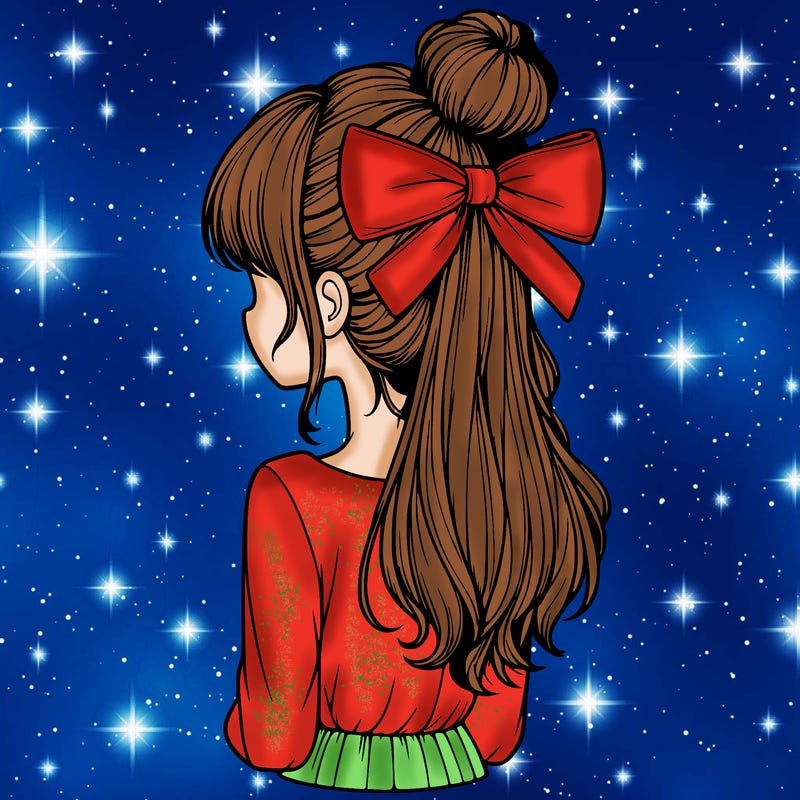 realistic girl  with hip length hair a bun and a big bow on the back of head
