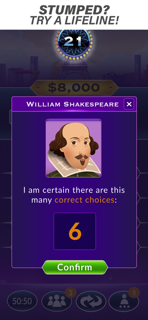 A screenshot of the Millionaire Trivia game showing the Ask an Expert lifeline with William Shakespeare providing a hint.