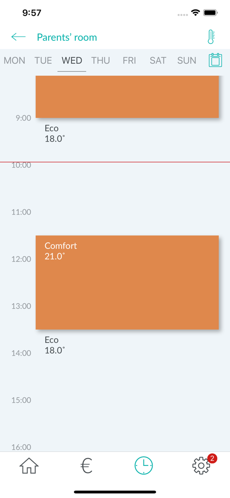 Interface de l'application Cozytouch affichant un programme de chauffage quotidien avec les modes de température Eco et Confort pour une chambre.