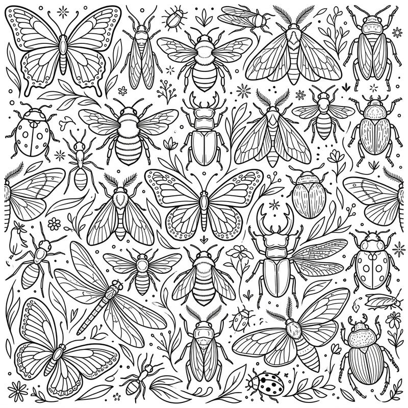 Dive into the fascinating world of creepy-crawlies with this beautifully detailed insect and bug pattern coloring page. Perfect for adult colorists seeking intricate designs and a relaxing creative escape.