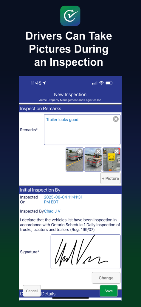 ReadyChek - ReadyChek app screenshot showing a vehicle inspection report with photos and digital signature.
