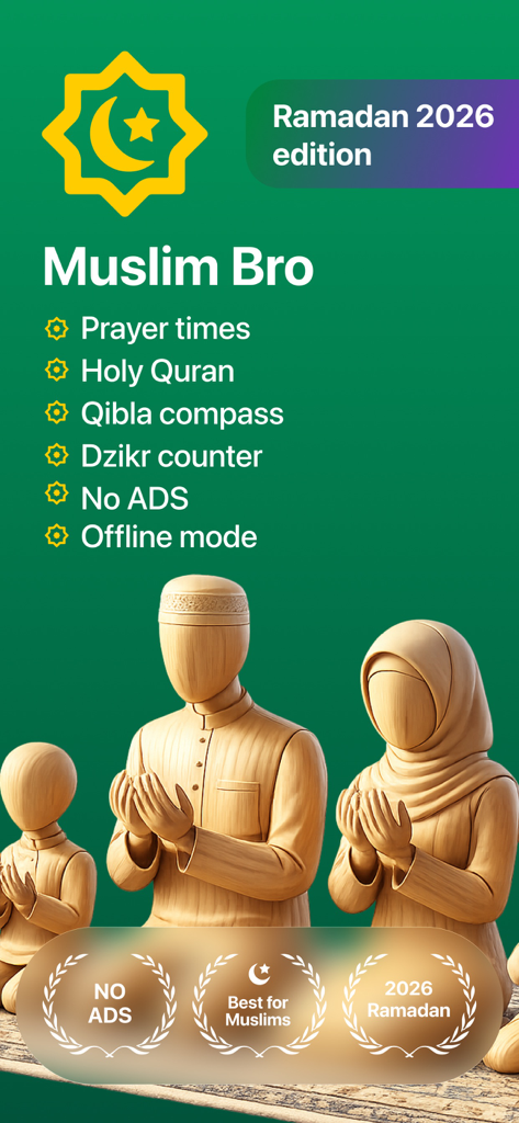 Muslim Bro: Prayer & Quran - Muslim Bro app interface showing prayer times holy quran and ramadan 2026 features