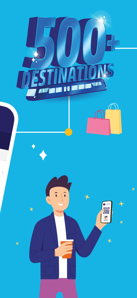 A man showing a digital train ticket on a smartphone with text for over five hundred destinations