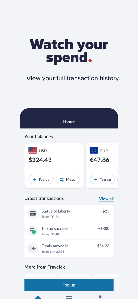 Travelex Travel Money - Travelex app home screen displaying currency balances in USD and EUR with a list of recent transactions