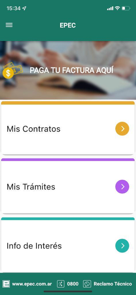 Home screen of the Epec Movil app showing contract management and bill payment options.