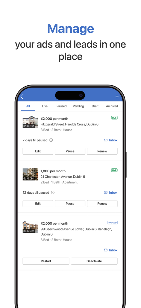 Daft.ie - Pantalla de la app móvil Daft.ie para gestionar anuncios de propiedades