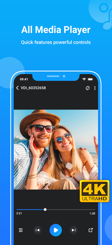 MX Player : All Media Player - Interfaz de la aplicación MX Player mostrando la reproducción de video 4K Ultra HD con controles multimedia