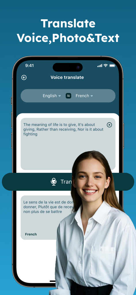 Translate Lion app voice translation interface showing English to French translation