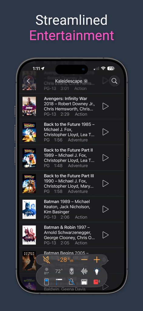 Roomie Remote X media guide showing movie listings for high-end home theater control on an iPhone
