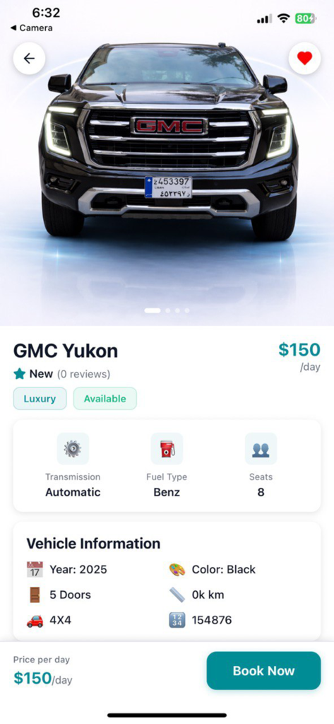 Rento LBモバイルアプリでのGMC Yukonレンタカーの詳細リスト