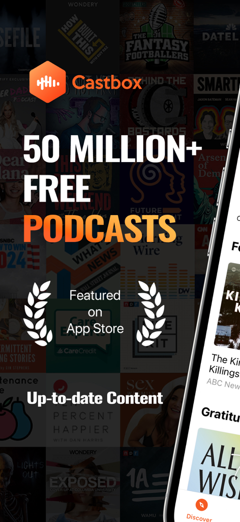 Castbox app promotional screen showing over 50 million free podcasts and featured on the App Store badge.