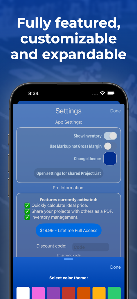 Craft Pricing Assistant Pro - Craft Pricing Assistant Proの設定画面。カスタマイズオプションとProバージョンの機能が表示されています。