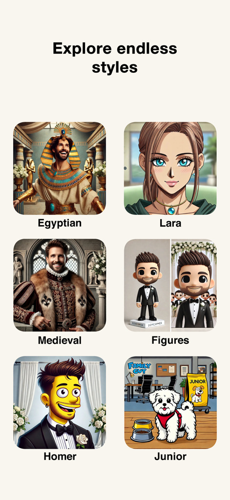 Cartoon Yourself: AI Photo - アニメ、エジプト風、中世風など、さまざまなAI生成のカートゥーンや芸術的スタイルのショーケース。