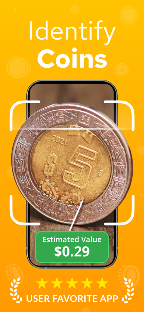 Coin Identifier - Coinum - Smartphone scannt eine goldfarbene Münze mit der Coin Identifier Coinum App, die einen geschätzten Wert von 29 Cent anzeigt.