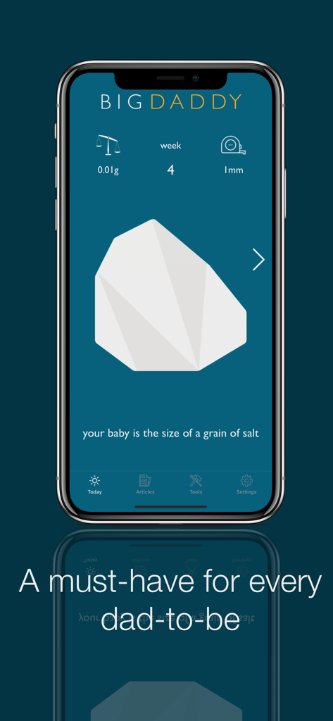Big Daddy: Pregnancy Tracker - Big Daddy app interface showing pregnancy week four baby size as a grain of salt