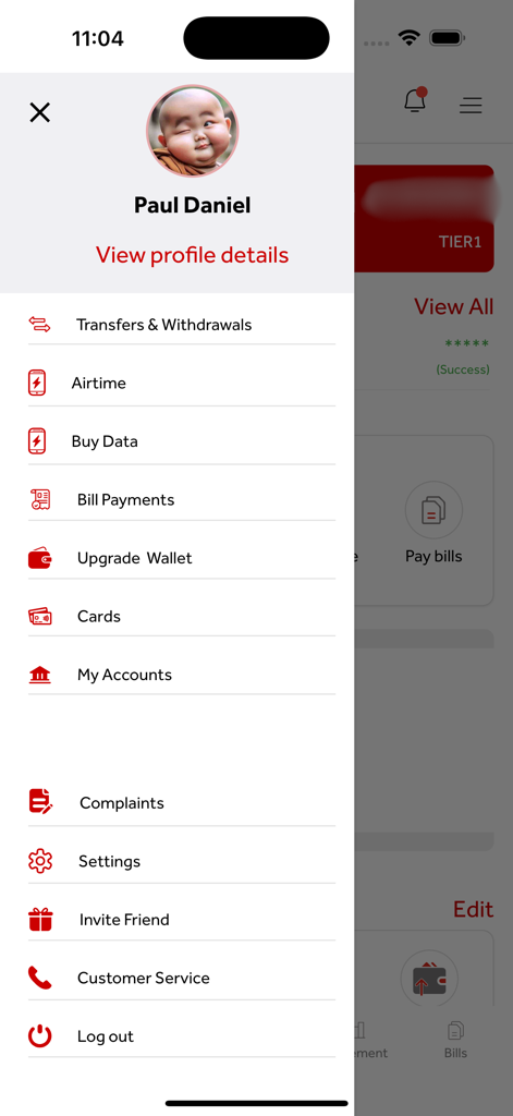 EazybyZenith - EazybyZenith app navigation menu listing banking services like transfers and bill payments