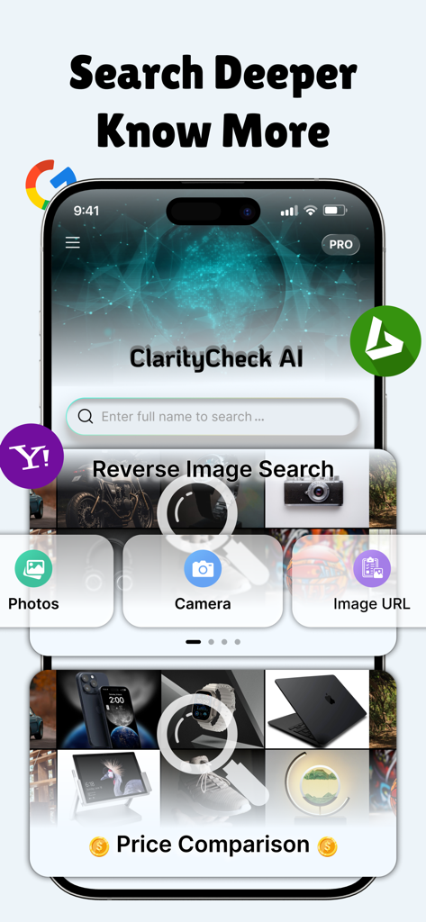 ClarityCheck - Deep Search AI - ClarityCheck AI app interface featuring reverse image search and price comparison tools