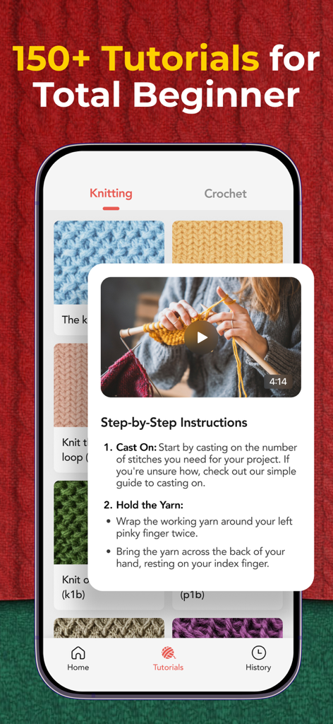 YarnPal - Crochet & Knitting - Interface d'application mobile pour YarnPal montrant des tutoriels vidéo et textuels étape par étape pour les débutants en tricot et crochet.