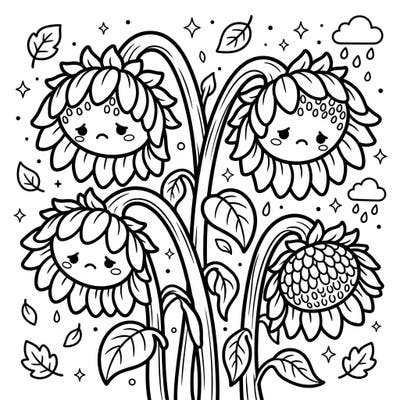 Embrace the bittersweet beauty of the season with this delightful Kawaii Wilting Sunflowers coloring page. Each sad-faced bloom invites you to add a splash of color to their gentle decline.