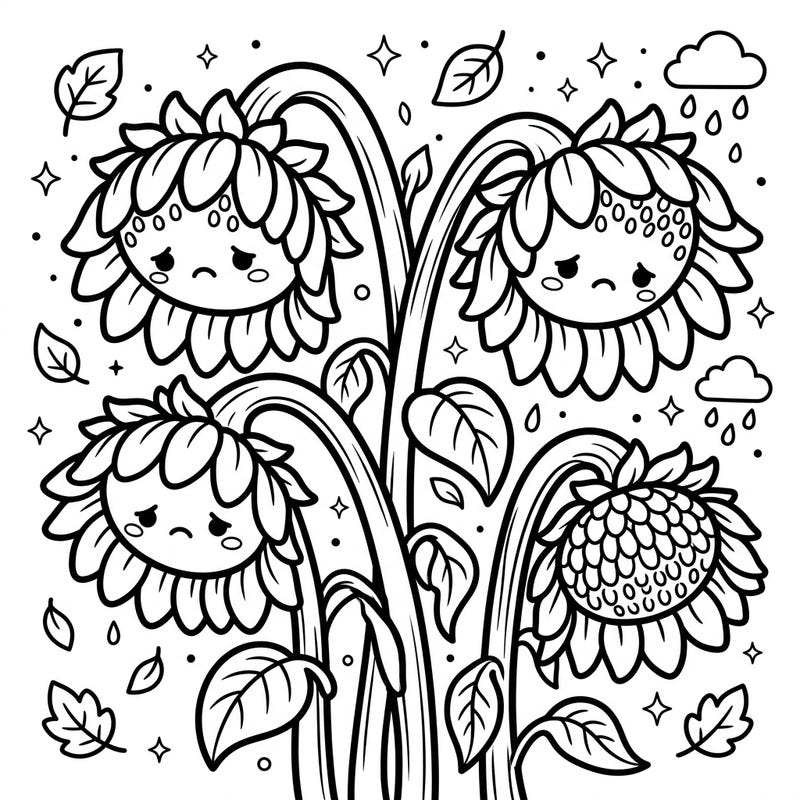 Embrace the bittersweet beauty of the season with this delightful Kawaii Wilting Sunflowers coloring page. Each sad-faced bloom invites you to add a splash of color to their gentle decline.