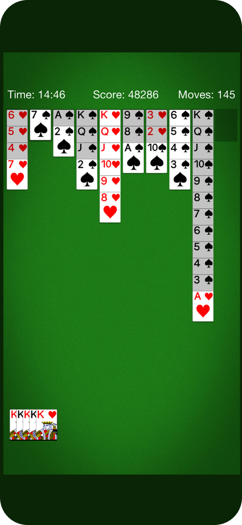 A game of Spider Solitaire in progress on a green felt background showing cards in columns with score and time.