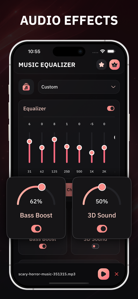 Music Equalizer - Bass Booster - App interface for music equalizer with bass booster and 3D sound settings