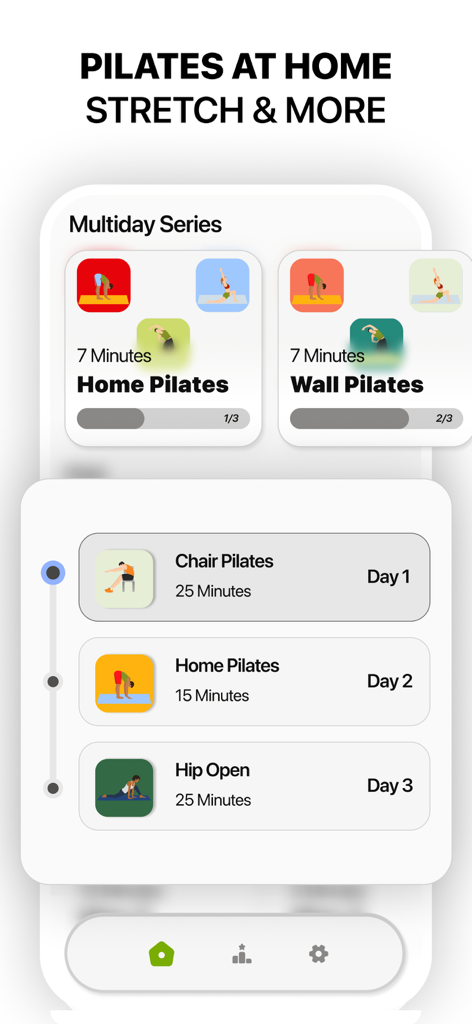 Flexy: Stretch & Flexibility - Flexy app interface showing various multiday pilates and stretching workout programs