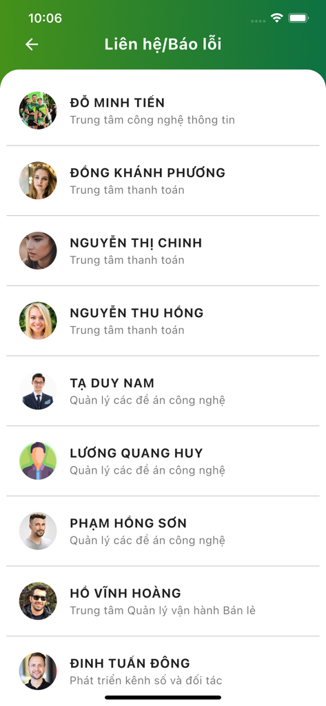 VCB Merchantアプリの連絡先とサポートリスト。技術サポートや決済支援の担当者名と部署が表示される。