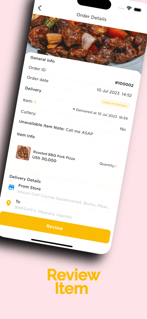 Sibo App - Sibo 앱 주문 세부 정보 화면은 피자 배달 요약을 보여주고 검토 버튼을 표시합니다.