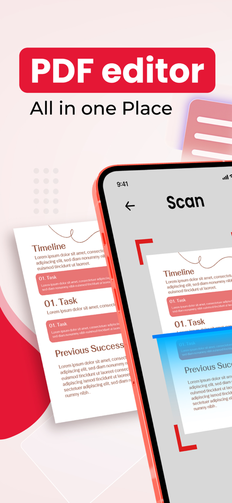 Swift PDF Editor: Scan & Sign - A smartphone using the Swift PDF Editor app to scan a paper document with on screen text saying PDF editor All in one Place