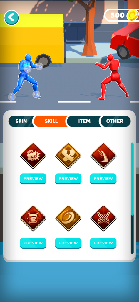 Draw Fight: Freestyle Action - A blue and red fighter face off above a skill selection menu showing different combat moves in Draw Fight