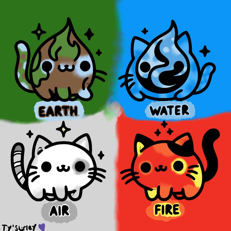 4 cats that represent the different elements, earth, water, air, and fire