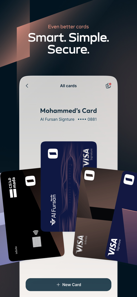 Alinma App - تطبيق الإنماء - Digital display of multiple Alinma Bank cards including Visa and mada in the mobile app interface