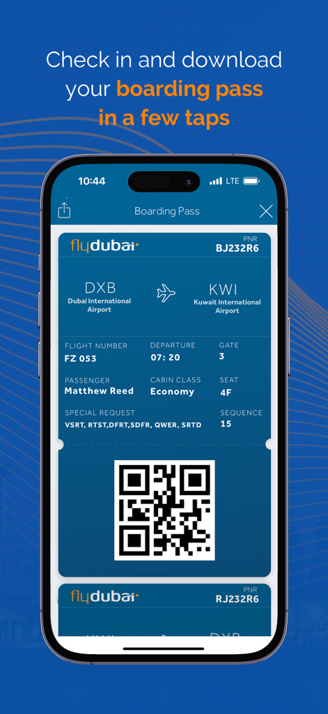 Digital boarding pass with QR code on the flydubai mobile app
